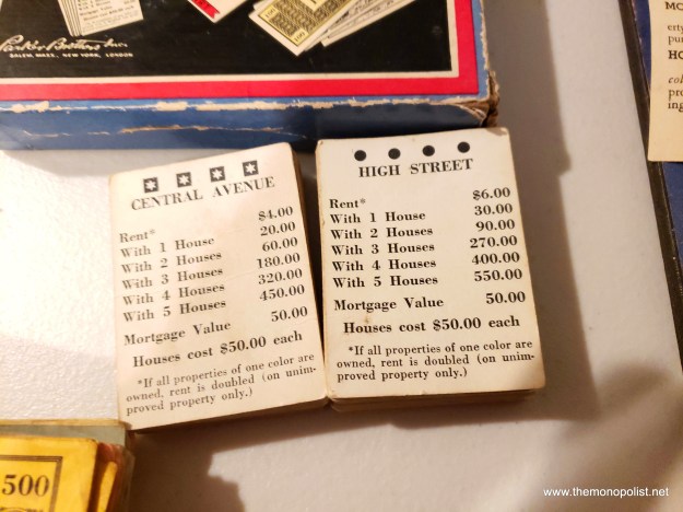 Parker Brothers saved money on colored ink, and simplified the printing process for these Title Cards, which use symbols instead of colors to denote the various property groups. Parker also began using symbols on their Monopoly rules sheets in 1936, to identify to their employees which set went with which version.